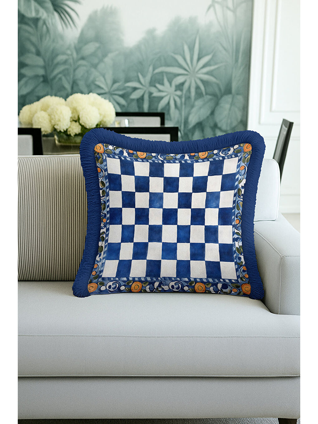 Karışık Saray Şıklığı Saçaklı Yastık Kılıfı - Akdeniz Country Mavi Beyaz Altın Renk Püsküllü Kırlent Kılıfı
