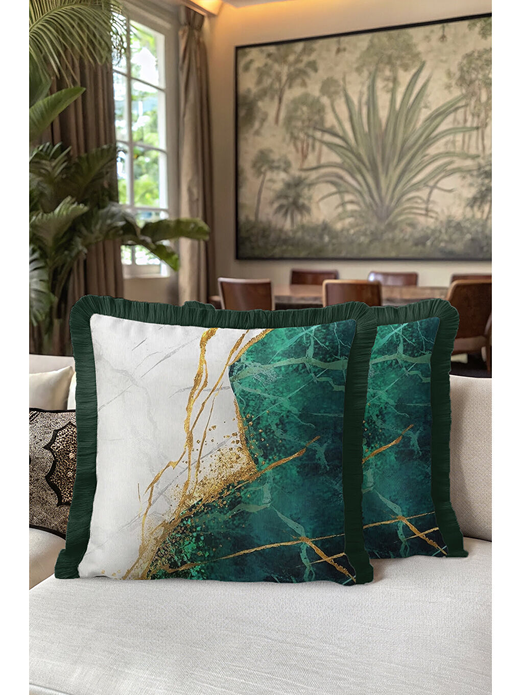 Karışık Zümrüt Mermer Altın Renkli Saçaklı Yastık Kılıfı - Lüks Modern Yeşil Altın Püsküllü Kırlent Kılıfı-5