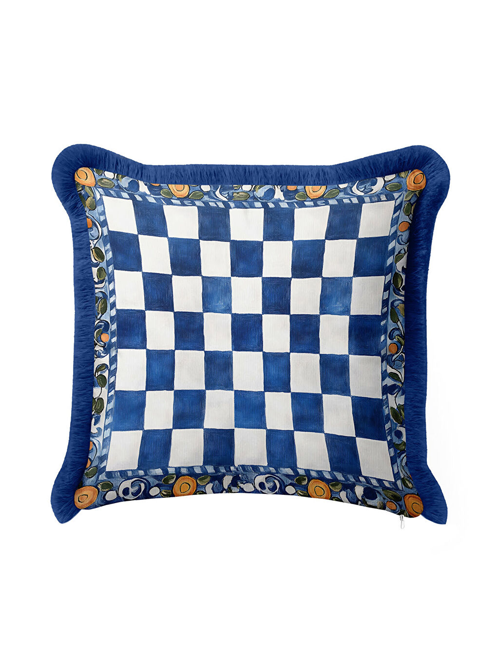Karışık Saray Şıklığı Saçaklı Yastık Kılıfı - Akdeniz Country Mavi Beyaz Altın Renk Püsküllü Kırlent Kılıfı-1