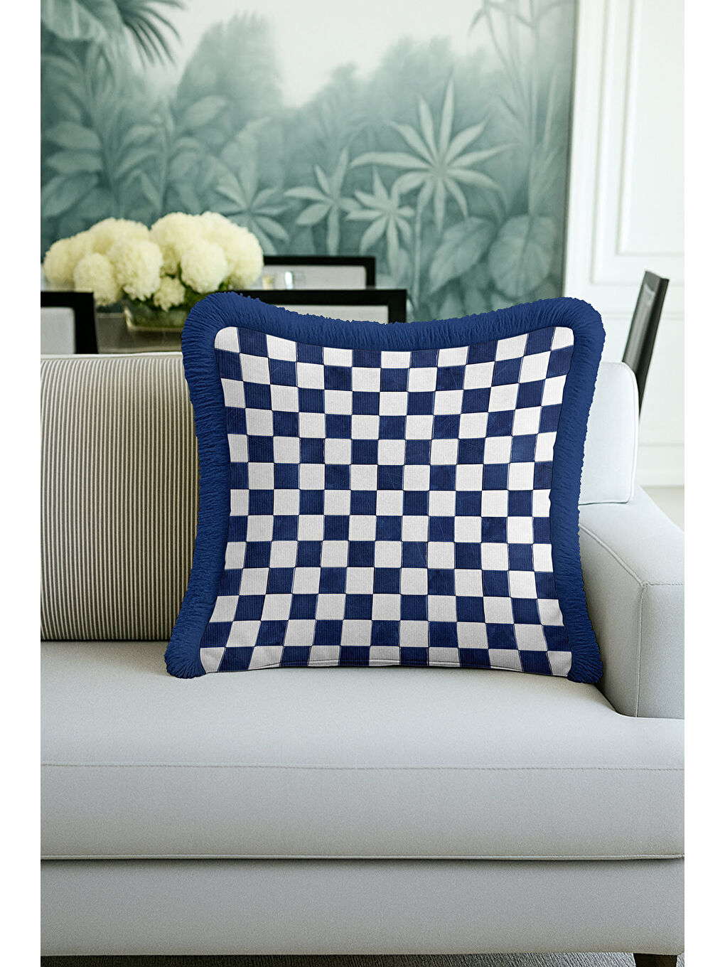 Karışık Zarif Kareli Saçaklı Yastık Kılıfı - Modern Marin Mavi Beyaz Püsküllü Kırlent Kılıfı-4