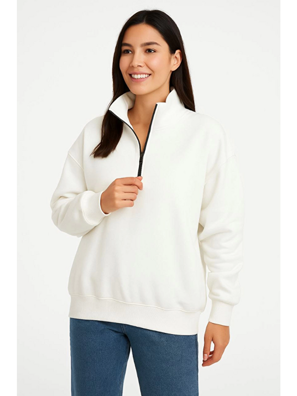 Üç İplik Dık Yaka Yarım Fermuarlı Sweatshirt - Beyaz