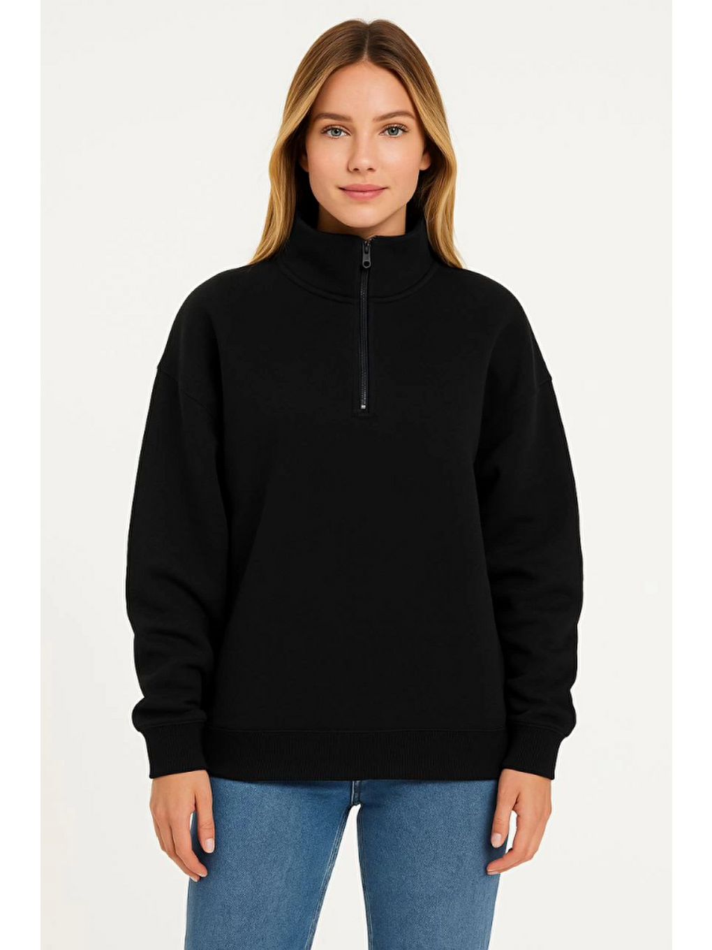 Üç İplik Dık Yaka Yarım Fermuarlı Sweatshirt - Siyah-3