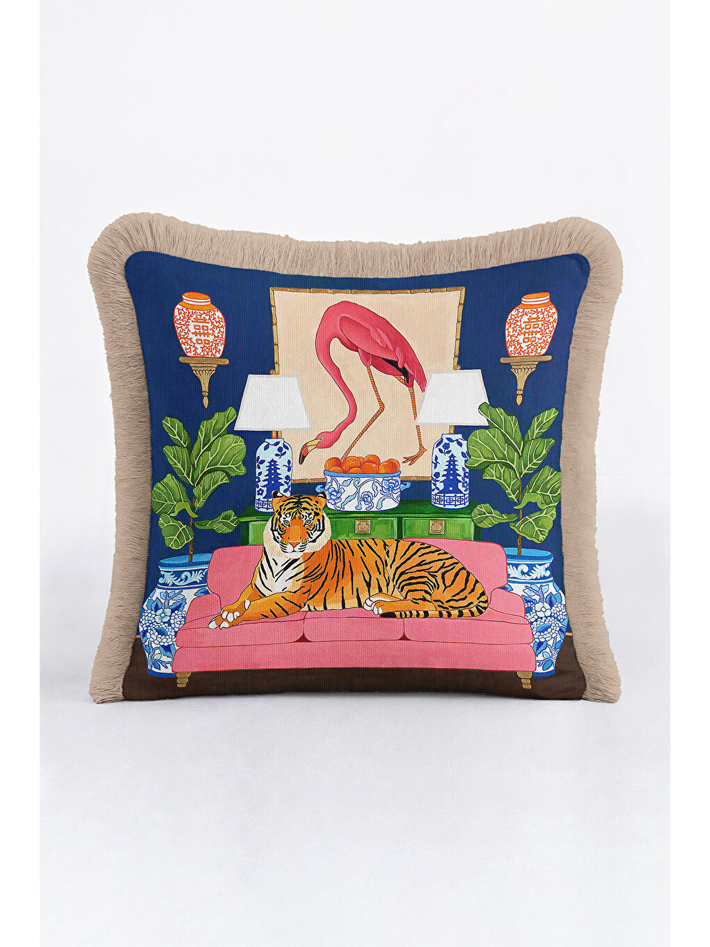 Karışık Lüks Hayvan Figürlü Saçaklı Yastık Kılıfı - Çarpıcı Eklektik Salon Mavi Püsküllü Kırlent Kılıfı-1