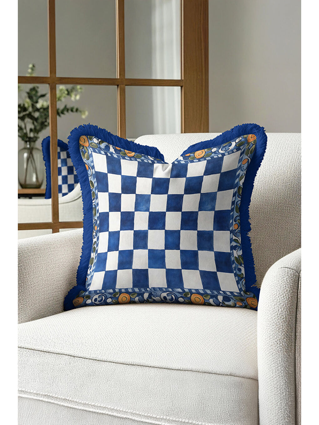 Karışık Saray Şıklığı Saçaklı Yastık Kılıfı - Akdeniz Country Mavi Beyaz Altın Renk Püsküllü Kırlent Kılıfı-2
