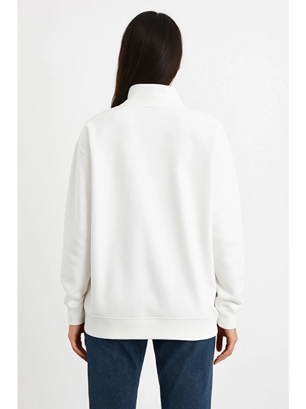 Üç İplik Dık Yaka Yarım Fermuarlı Sweatshirt - Beyaz-1
