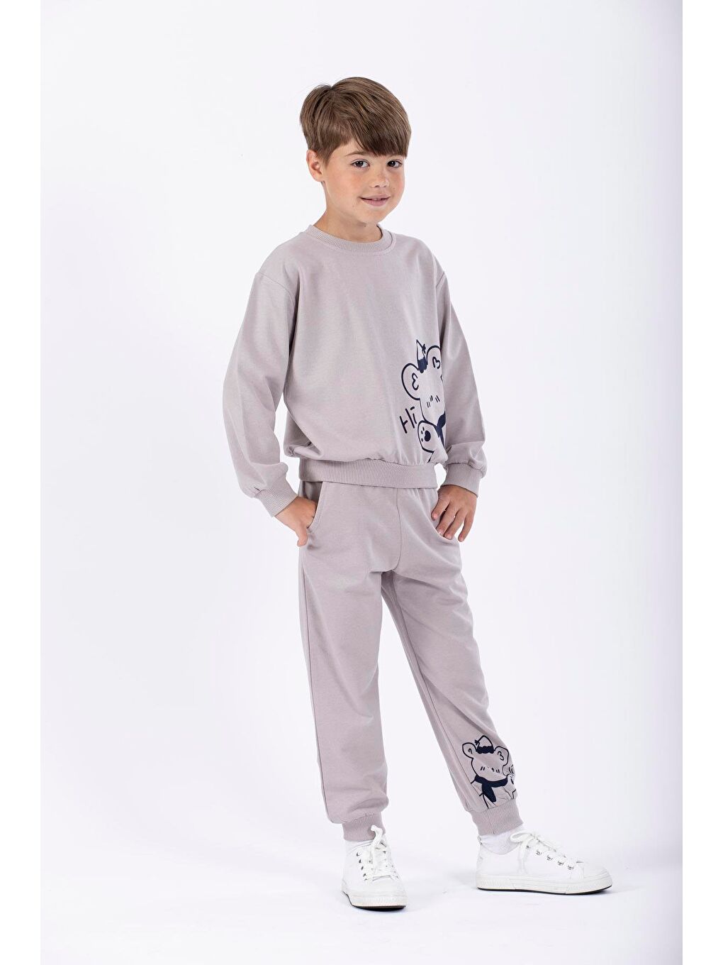 Bej Şapkalı Ayı Baskılı Erkek Çocuk Eşofman Takımı