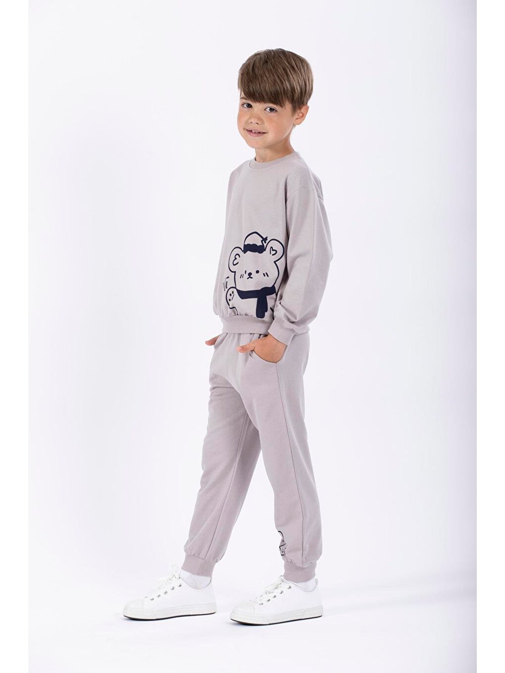 Bej Şapkalı Ayı Baskılı Erkek Çocuk Eşofman Takımı-1