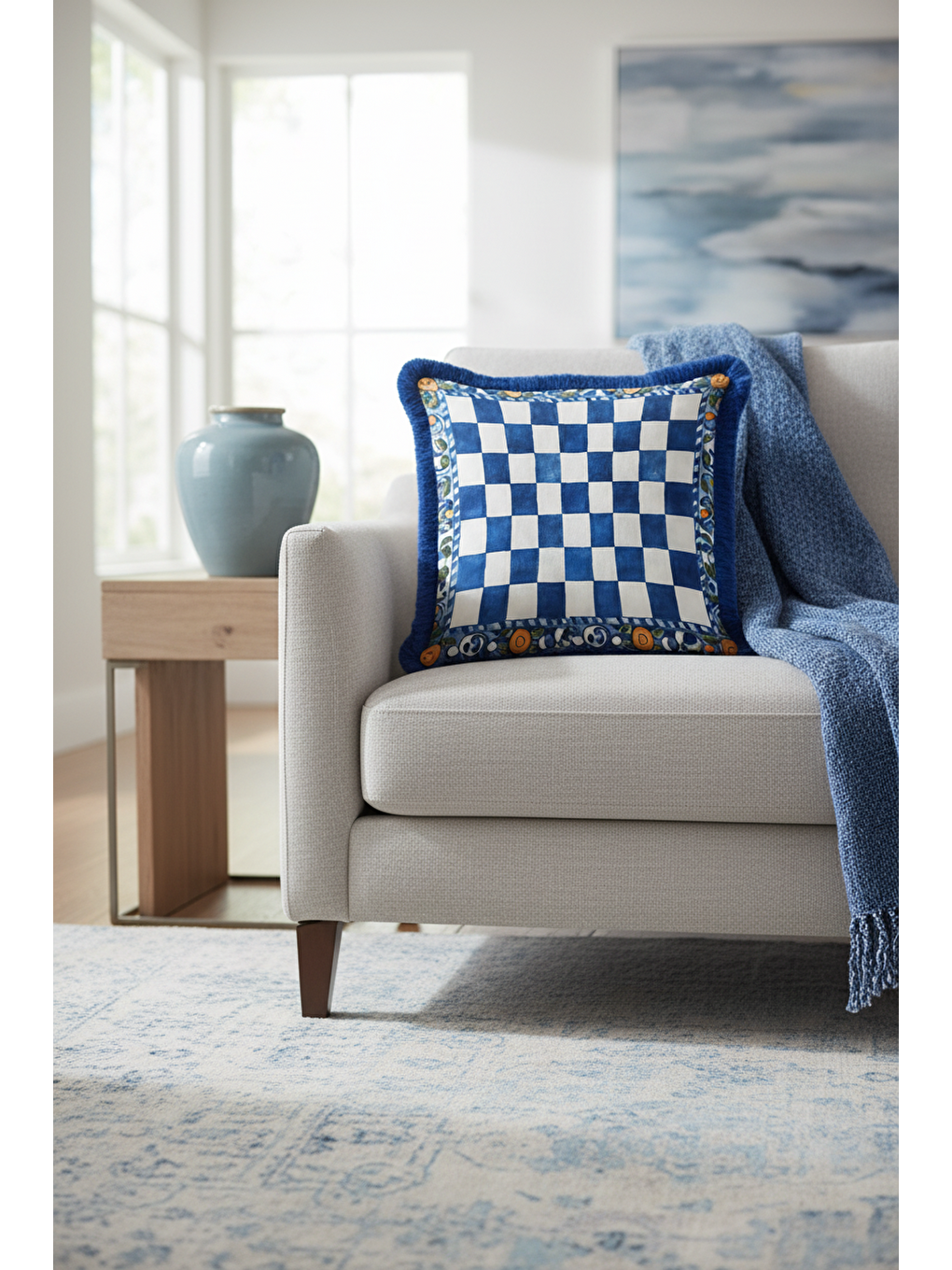 Karışık Saray Şıklığı Saçaklı Yastık Kılıfı - Akdeniz Country Mavi Beyaz Altın Renk Püsküllü Kırlent Kılıfı-3