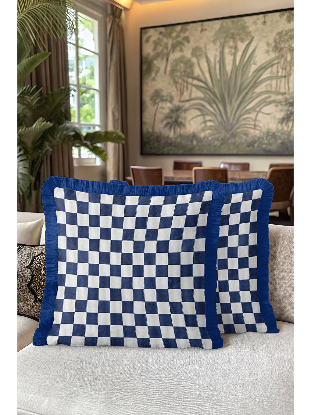 Karışık Zarif Kareli Saçaklı Yastık Kılıfı - Modern Marin Mavi Beyaz Püsküllü Kırlent Kılıfı-5