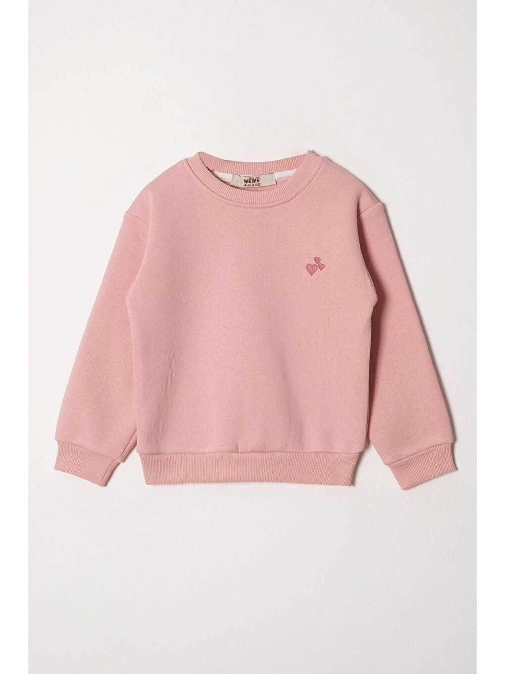 Pembe Bisiklet Yaka Kalp Nakışlı Şardonlu Kız Çocuk Sweatshirt