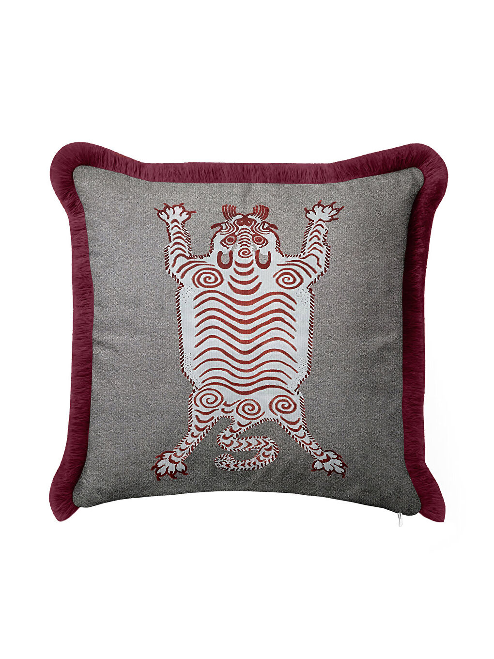 Karışık Etnik Kaplan Figürlü Saçaklı Yastık Kılıfı - Bohem Bordo Gri Püsküllü Kırlent Kılıfı-1