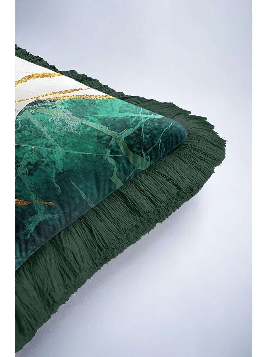 Karışık Zümrüt Mermer Altın Renkli Saçaklı Yastık Kılıfı - Lüks Modern Yeşil Altın Püsküllü Kırlent Kılıfı-6