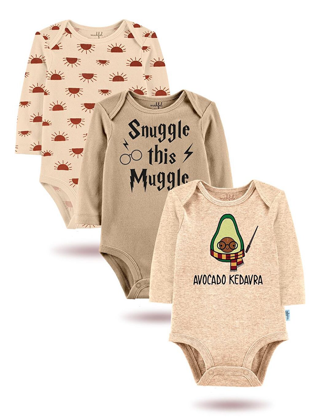 MAHFEL Bej-Açık Kahverengi 3'Lü "SNUGGLE THİS MUGGLE "Baskılı Uzun Kollu Unisex Bebek Çıtçıtlı Body