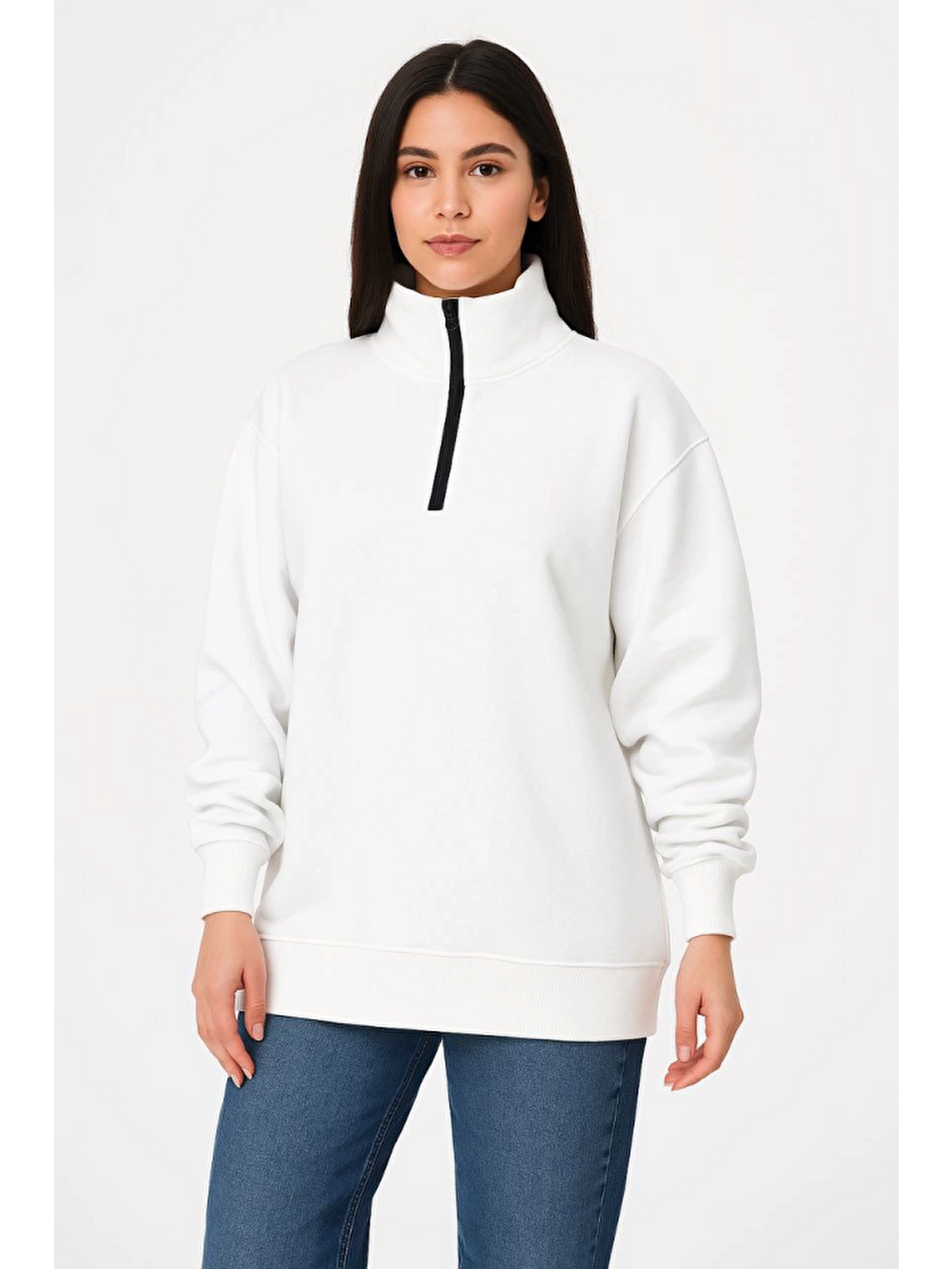 Üç İplik Dık Yaka Yarım Fermuarlı Sweatshirt - Beyaz-2