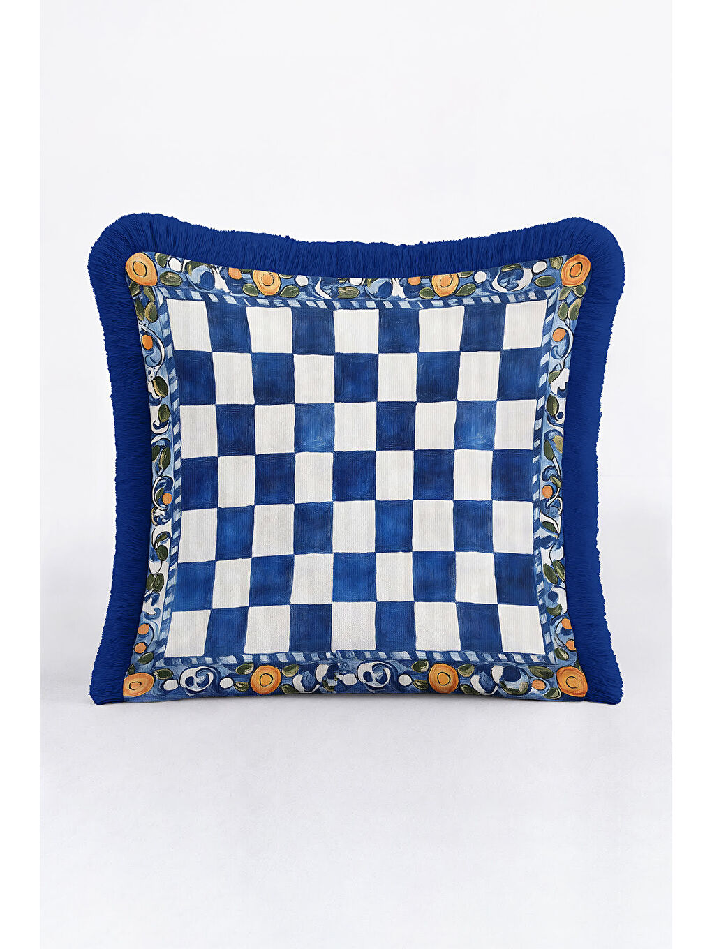 Karışık Saray Şıklığı Saçaklı Yastık Kılıfı - Akdeniz Country Mavi Beyaz Altın Renk Püsküllü Kırlent Kılıfı-4