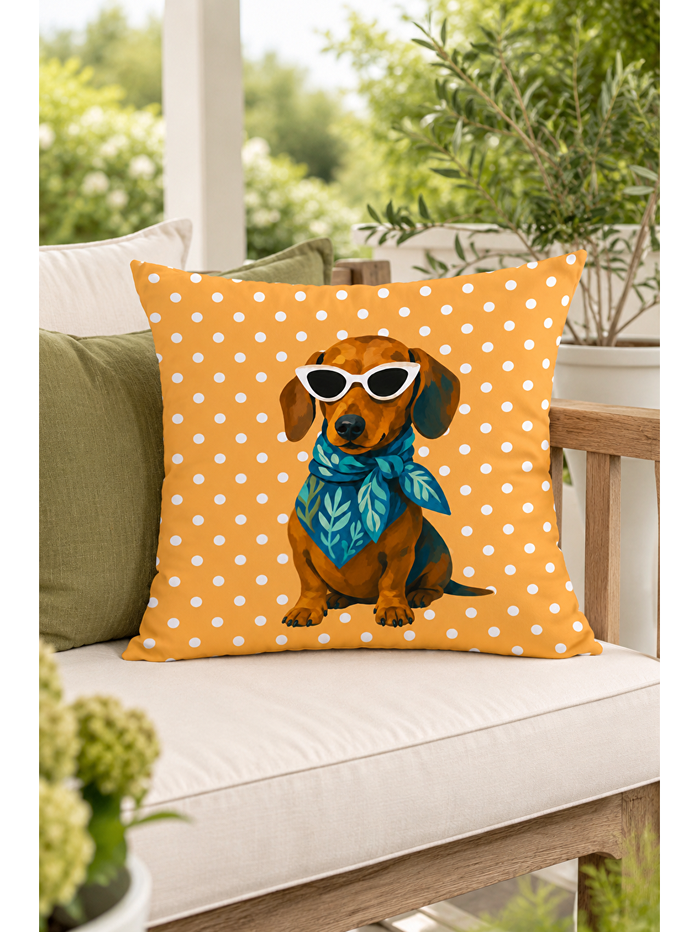 Sarı Gözlüklü Köpek Puantiyeli Dekoratif Kırlent Kılıfı Modern Bohem Salon Dekor 43x43 Cm-4