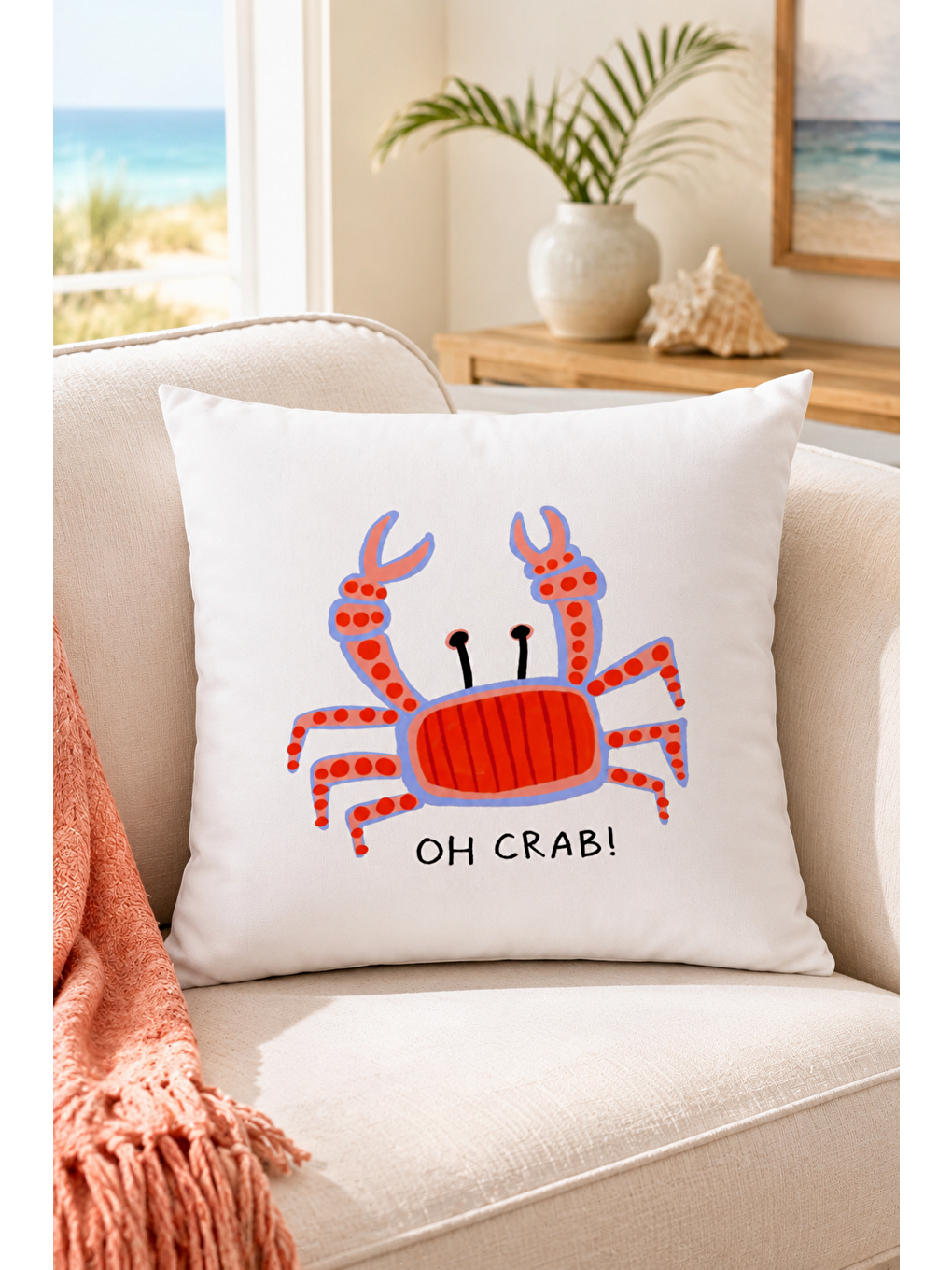 Beyaz Oh Crab Yengeç Yazı Baskılı Marin Dekoratif Kırlent Kılıfı Yazlık Dekor 43x43 Cm-6