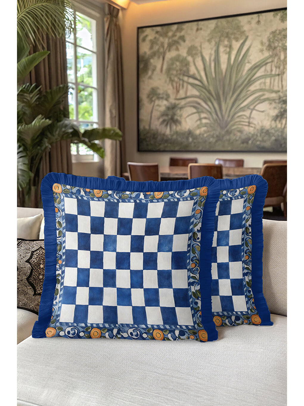 Karışık Saray Şıklığı Saçaklı Yastık Kılıfı - Akdeniz Country Mavi Beyaz Altın Renk Püsküllü Kırlent Kılıfı-5
