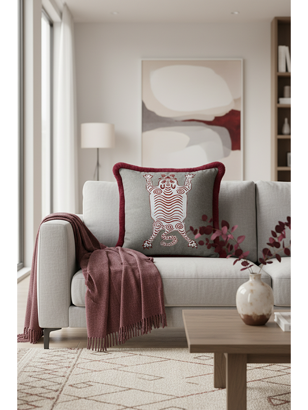 Karışık Etnik Kaplan Figürlü Saçaklı Yastık Kılıfı - Bohem Bordo Gri Püsküllü Kırlent Kılıfı-2