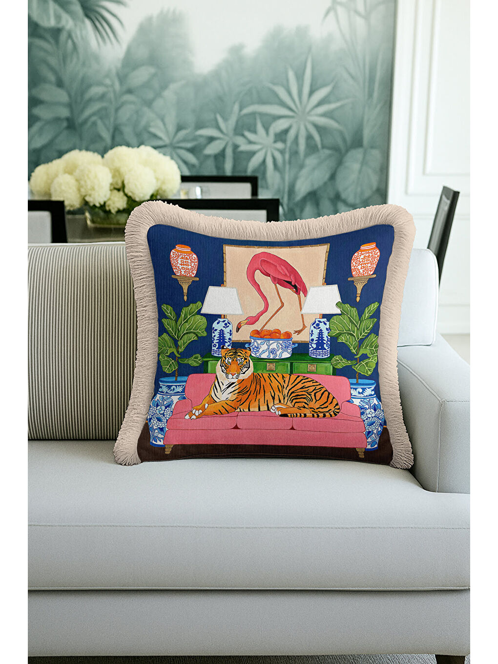 Karışık Lüks Hayvan Figürlü Saçaklı Yastık Kılıfı - Çarpıcı Eklektik Salon Mavi Püsküllü Kırlent Kılıfı-2