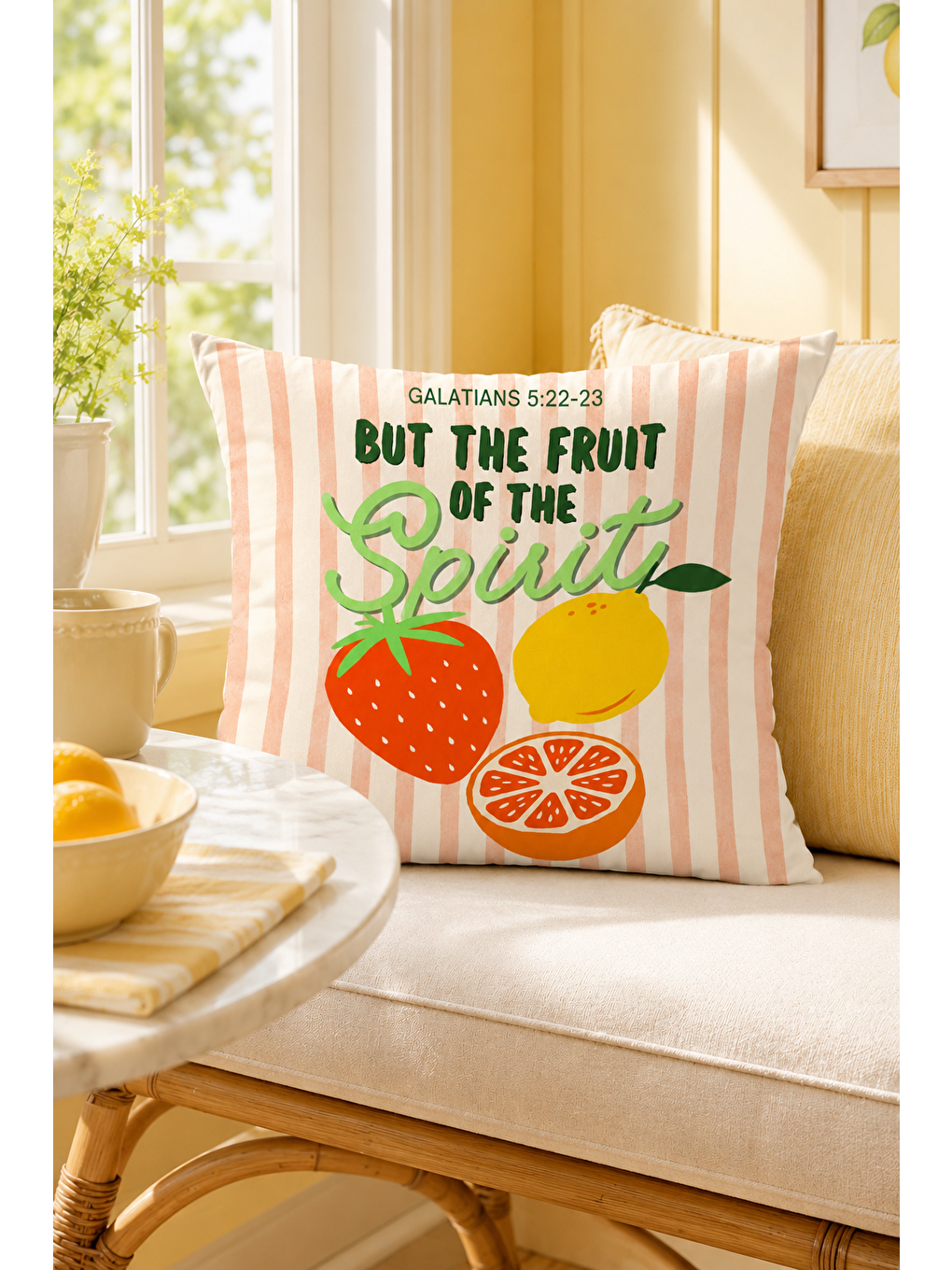 Beyaz Fruit Of The Spirit Meyve Yazı Baskılı Dekoratif Kırlent Kılıfı Modern Dekor 43x43 Cm-7