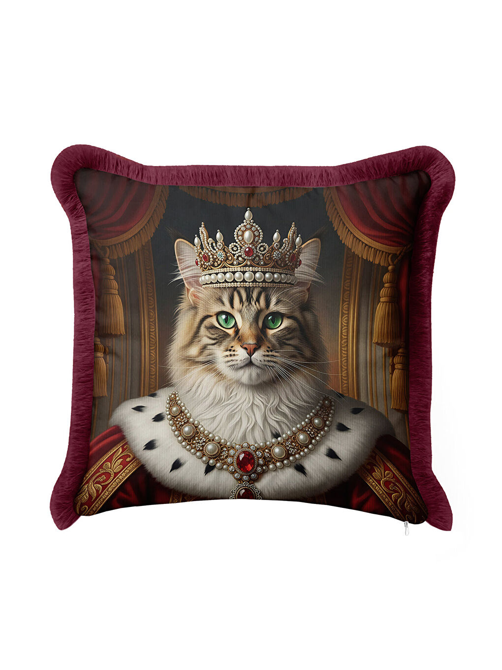 Karışık Kraliyet Temalı Saçaklı Yastık Kılıfı - Majesteleri Kedi Barok Vintage Gold Püsküllü Kırlent Kılıfı-2