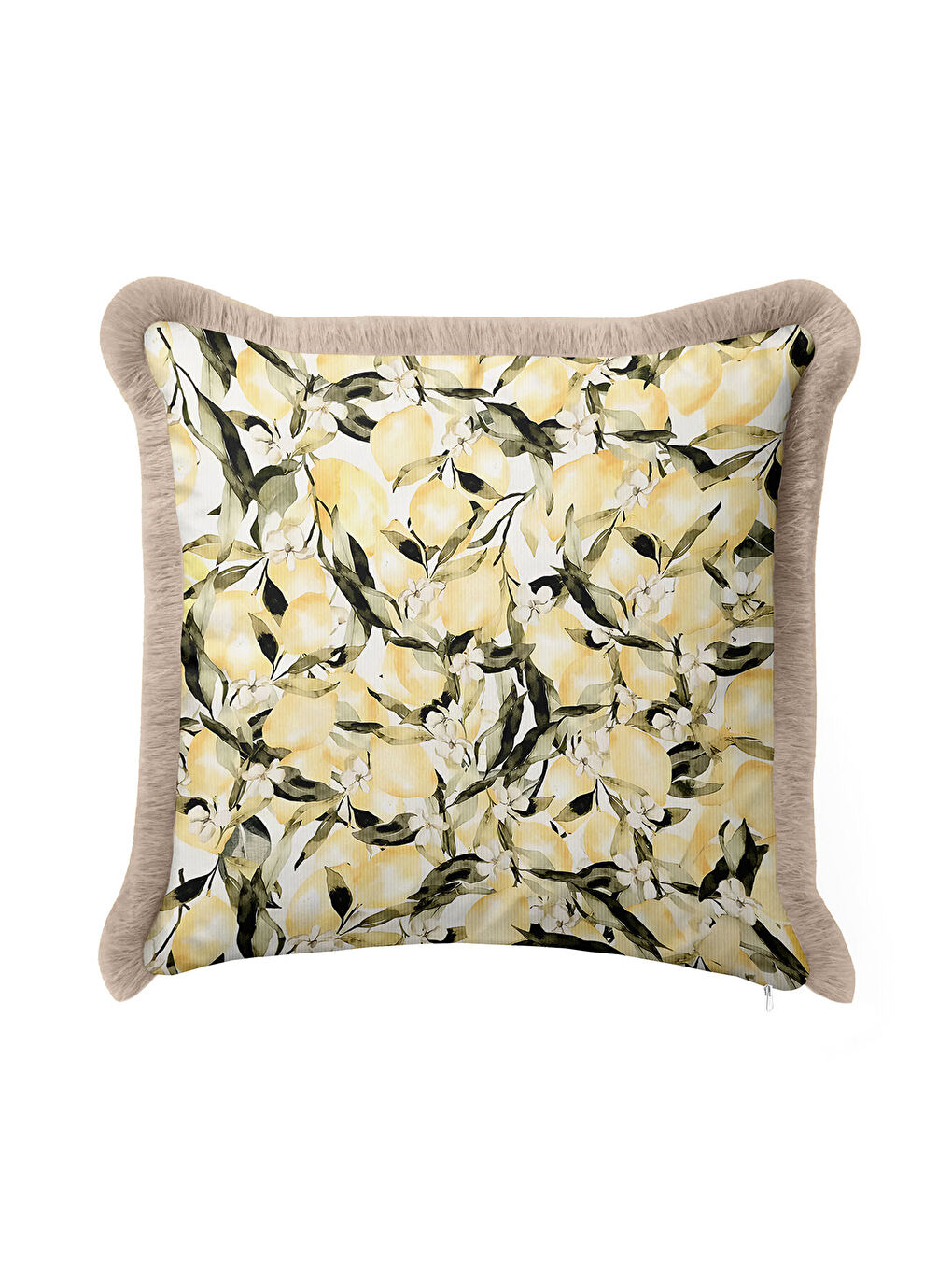 Karışık Limon Bahçesi Saçaklı Yastık Kılıfı - Akdeniz Ferahlığı Country Sarı Bej Püsküllü Kırlent Kılıfı-1