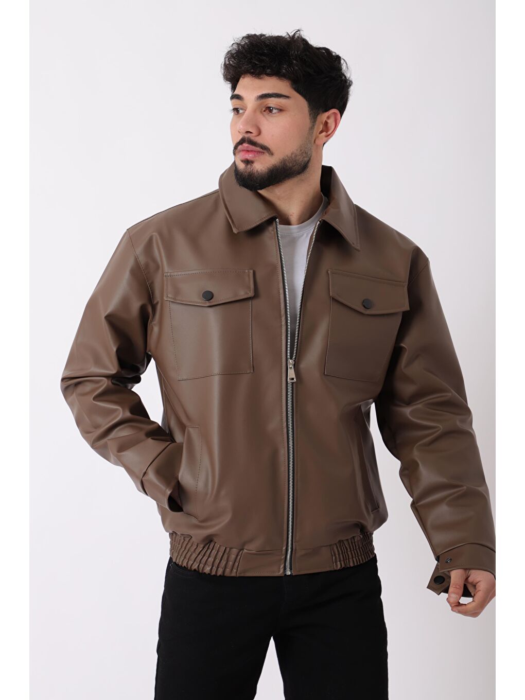 Kahverengi Bel Lastikli Kapaklı  Suni Deri Mont PLDP 2998_50447-1