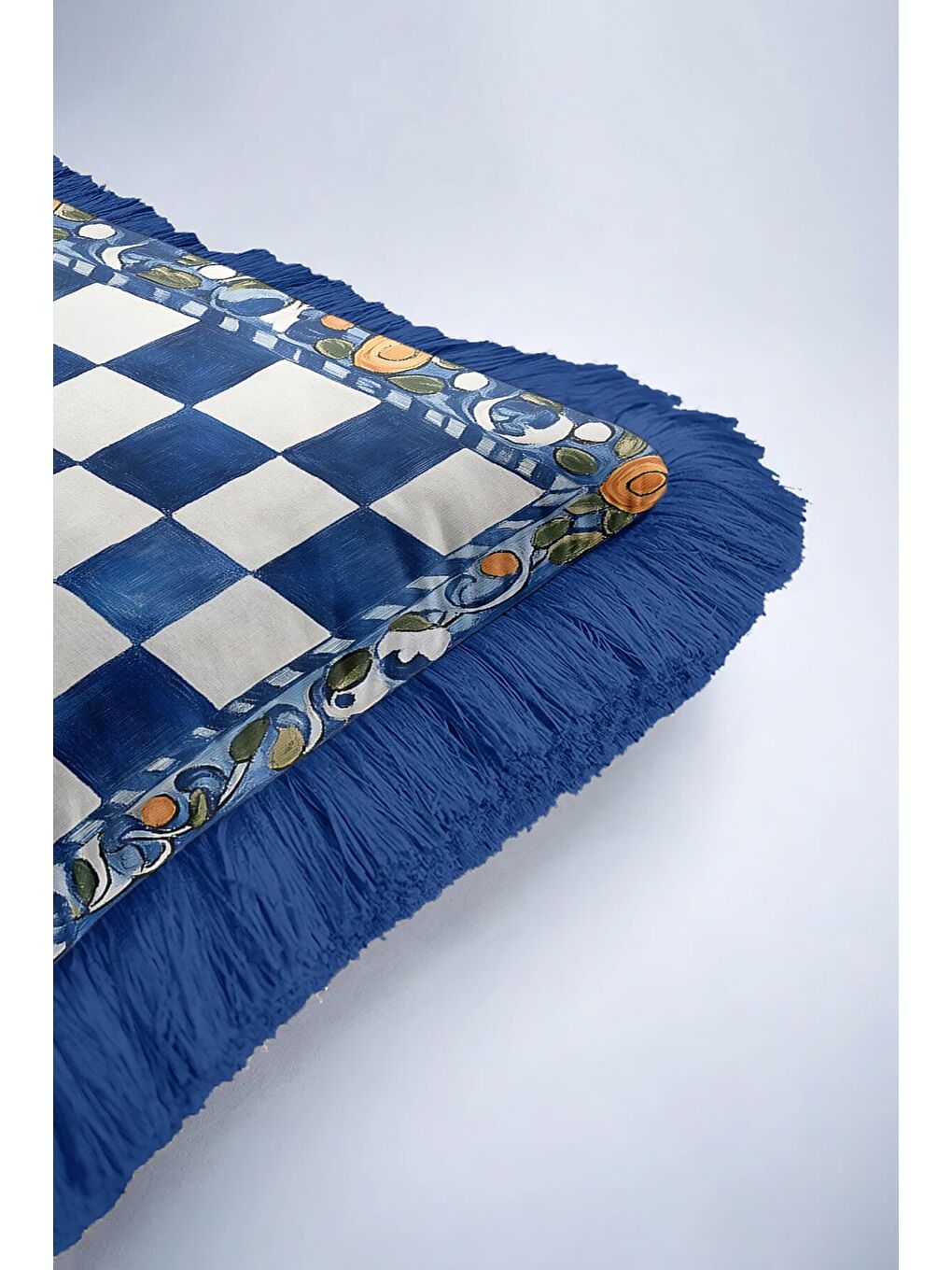 Karışık Saray Şıklığı Saçaklı Yastık Kılıfı - Akdeniz Country Mavi Beyaz Altın Renk Püsküllü Kırlent Kılıfı-6