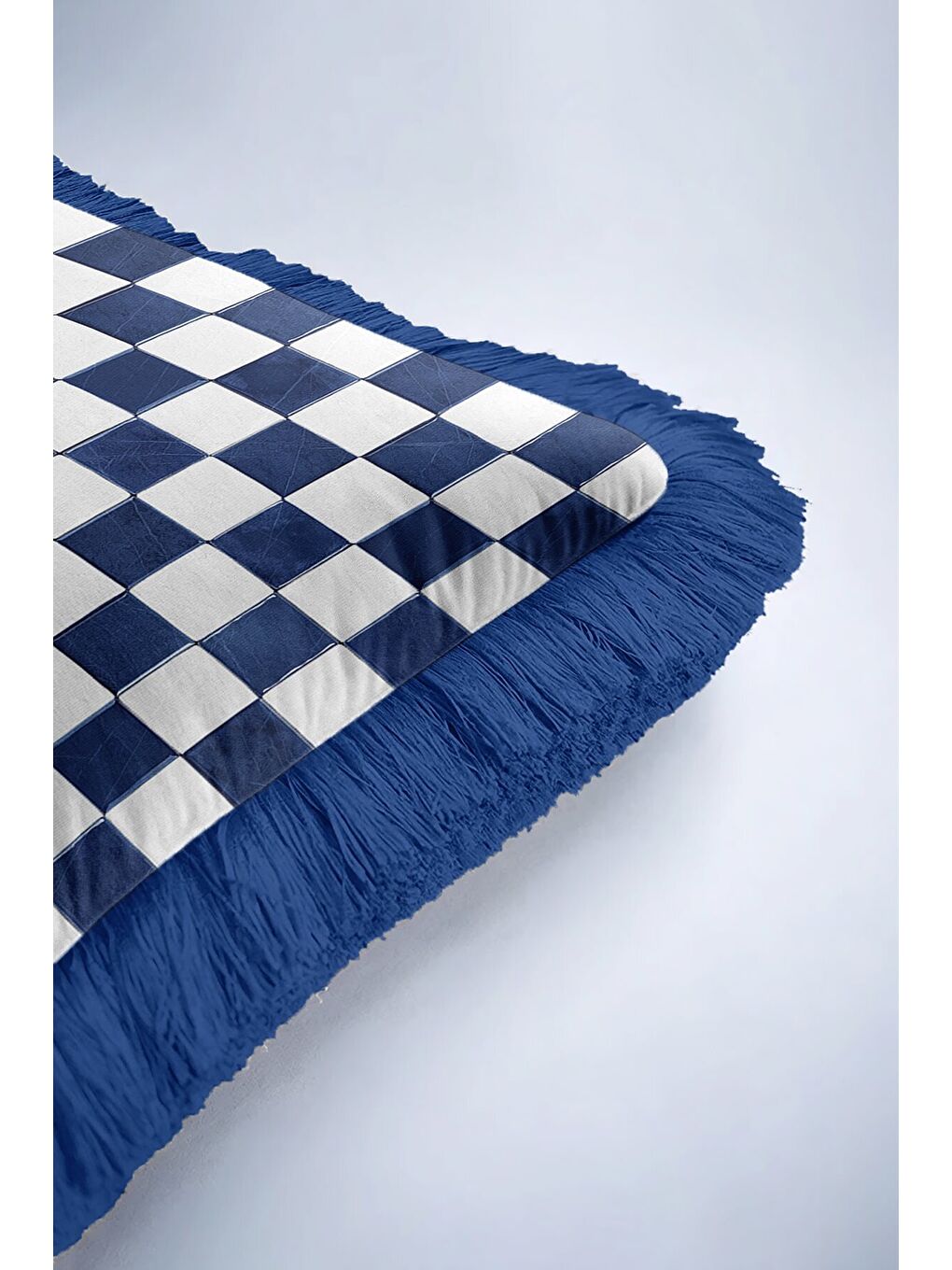 Karışık Zarif Kareli Saçaklı Yastık Kılıfı - Modern Marin Mavi Beyaz Püsküllü Kırlent Kılıfı-6