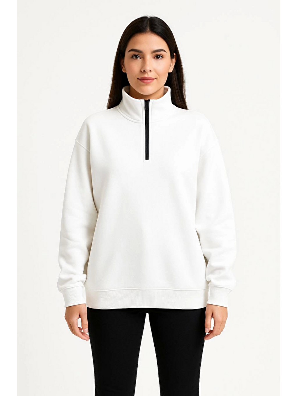 Üç İplik Dık Yaka Yarım Fermuarlı Sweatshirt - Beyaz-3
