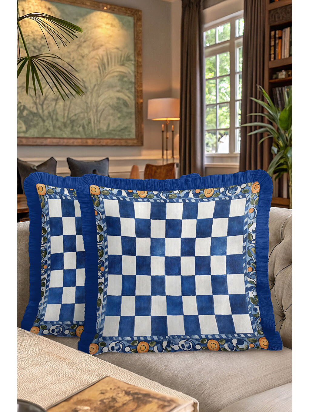 Karışık Saray Şıklığı Saçaklı Yastık Kılıfı - Akdeniz Country Mavi Beyaz Altın Renk Püsküllü Kırlent Kılıfı-7