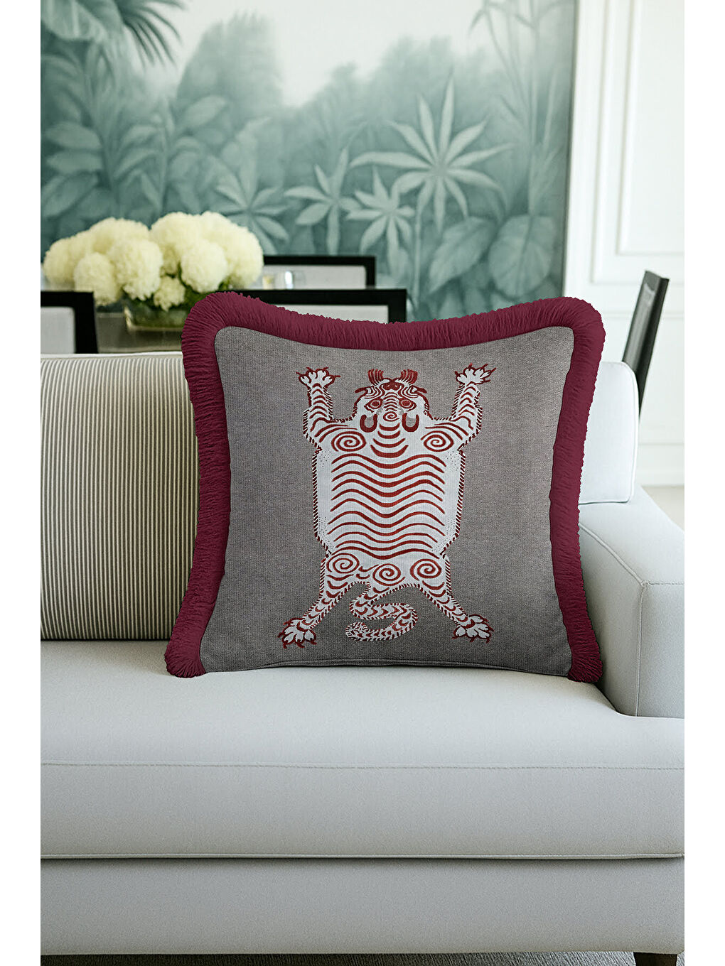 Karışık Etnik Kaplan Figürlü Saçaklı Yastık Kılıfı - Bohem Bordo Gri Püsküllü Kırlent Kılıfı-3
