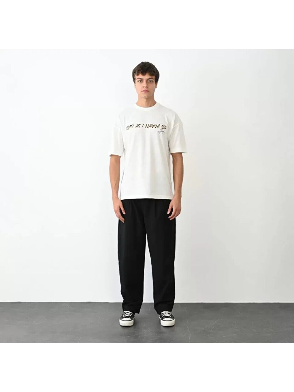 Unisex Bisiklet Yaka Baskılı Oversize T-Shirt - Beyaz-0