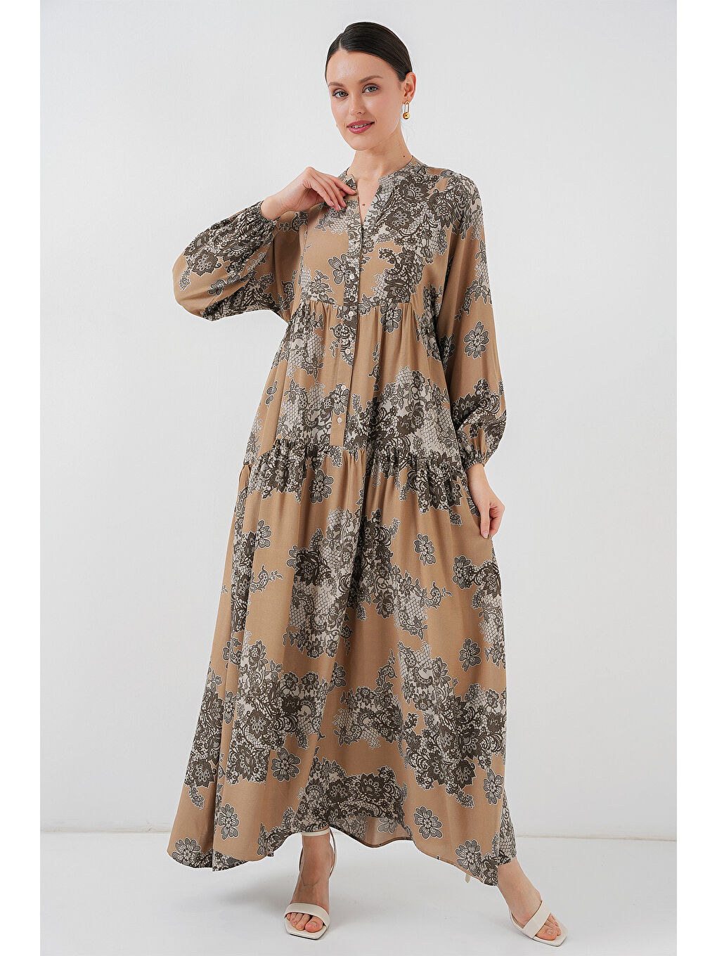 Bej 2423 Otantik Desenli Tesettür Elbise - A. Vizon-1