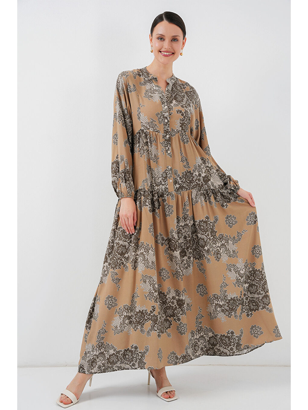 Bej 2423 Otantik Desenli Tesettür Elbise - A. Vizon-2