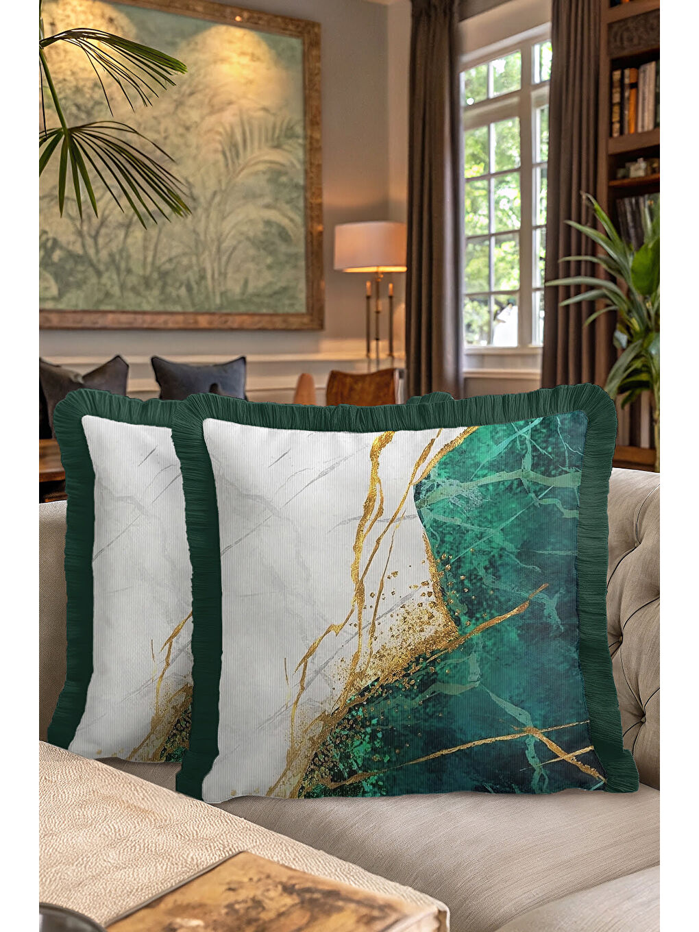 Karışık Zümrüt Mermer Altın Renkli Saçaklı Yastık Kılıfı - Lüks Modern Yeşil Altın Püsküllü Kırlent Kılıfı-7