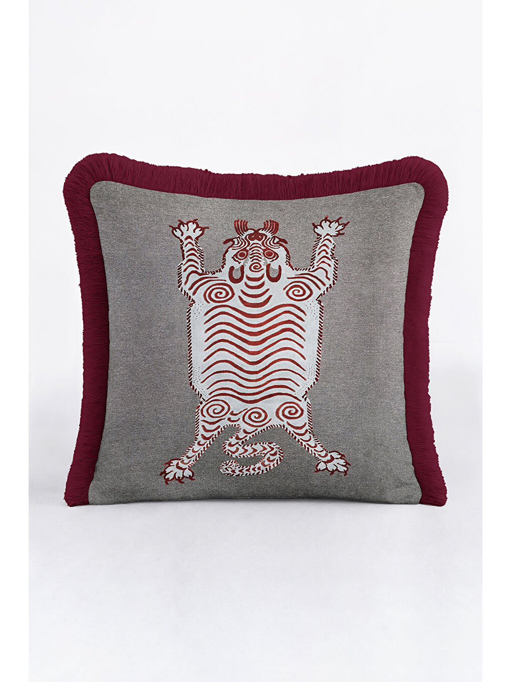 Karışık Etnik Kaplan Figürlü Saçaklı Yastık Kılıfı - Bohem Bordo Gri Püsküllü Kırlent Kılıfı-4