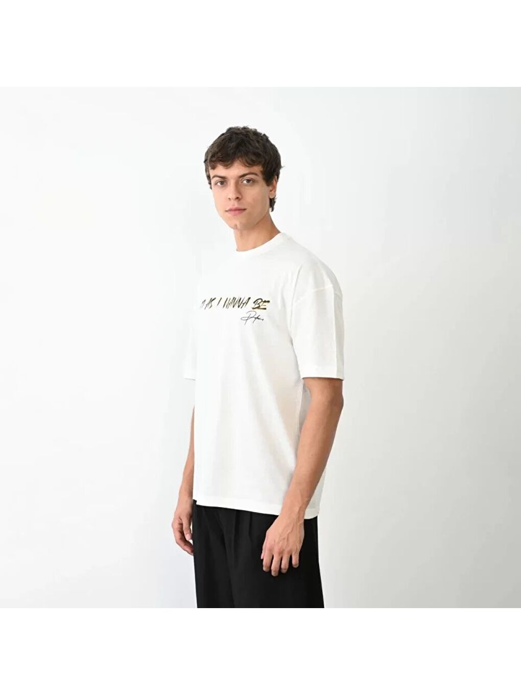 Unisex Bisiklet Yaka Baskılı Oversize T-Shirt - Beyaz-1