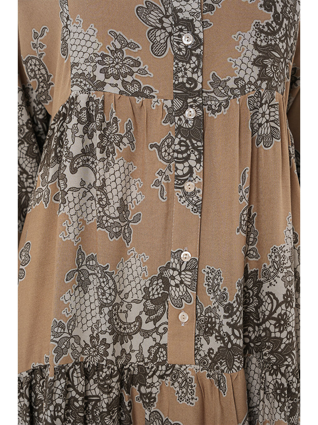 Bej 2423 Otantik Desenli Tesettür Elbise - A. Vizon-3