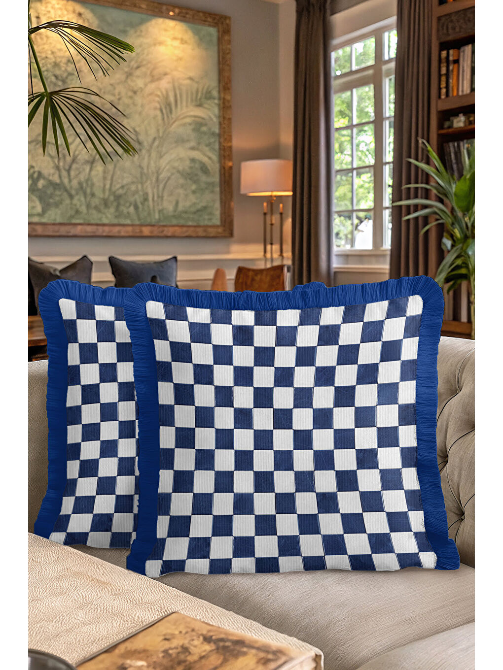 Karışık Zarif Kareli Saçaklı Yastık Kılıfı - Modern Marin Mavi Beyaz Püsküllü Kırlent Kılıfı-7