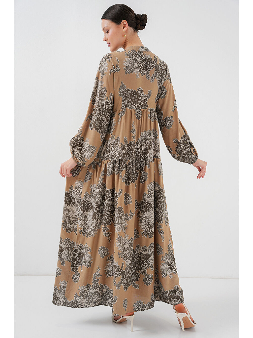 Bej 2423 Otantik Desenli Tesettür Elbise - A. Vizon-4