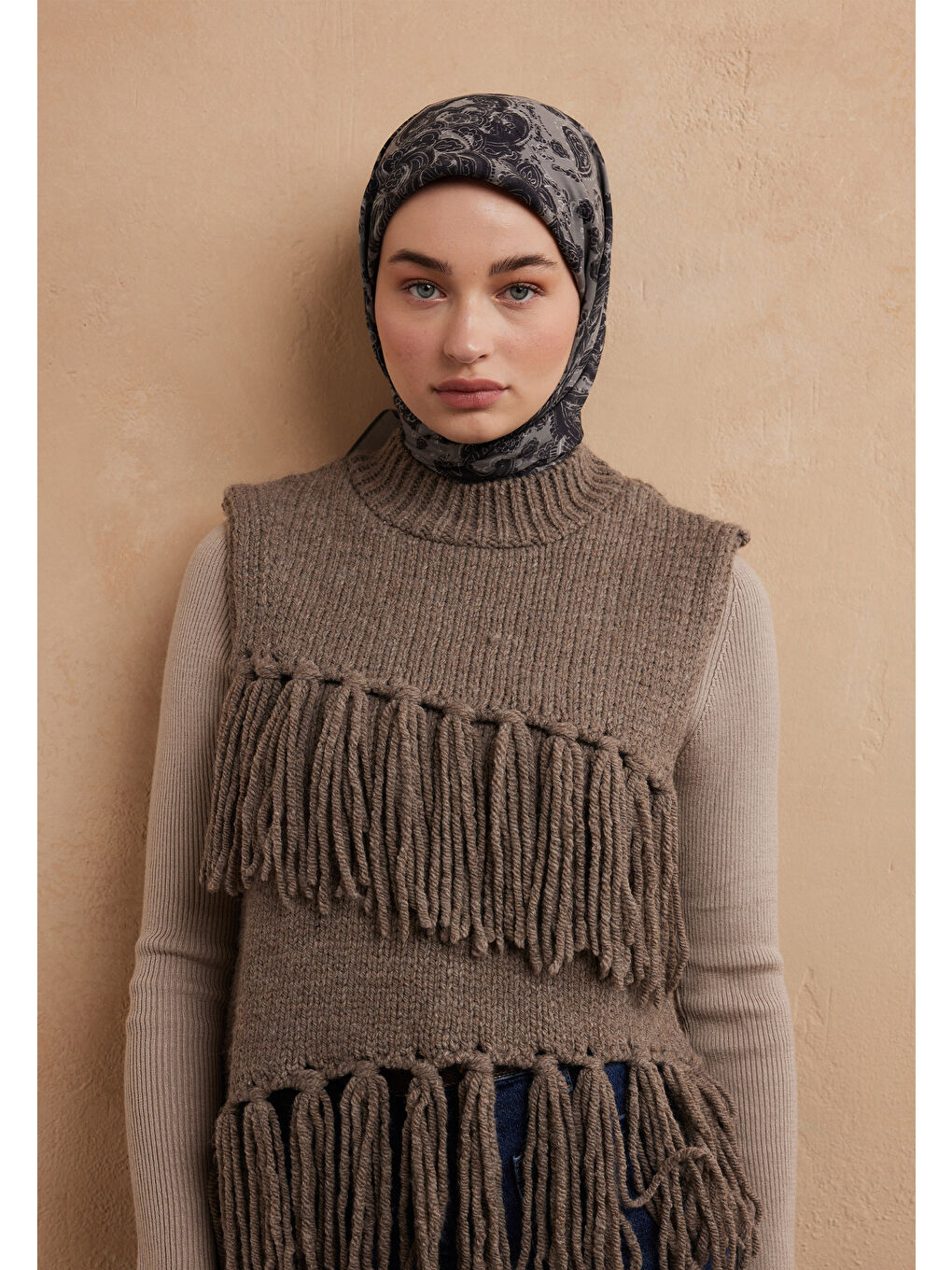 Antrasit Freda Desen Pamuk İpek Eşarp Duman-3