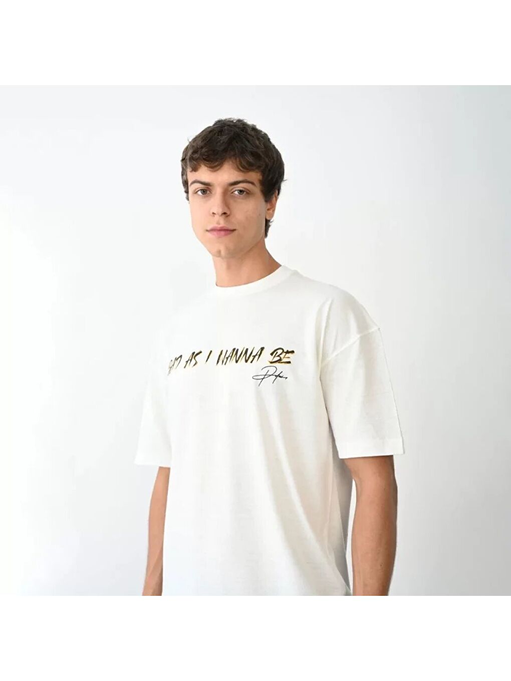 Unisex Bisiklet Yaka Baskılı Oversize T-Shirt - Beyaz-2