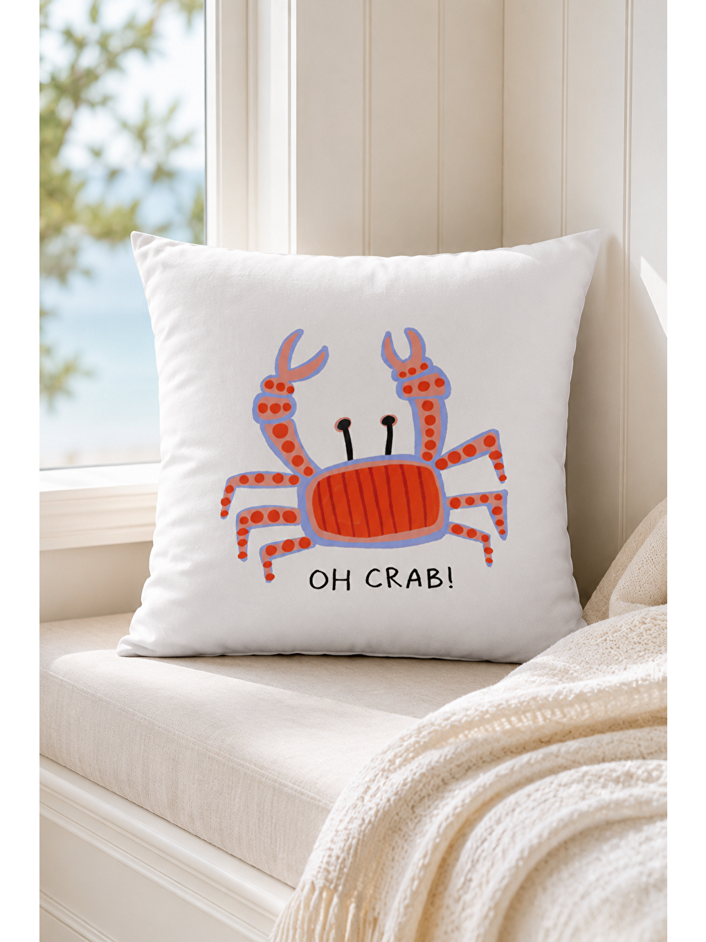 Beyaz Oh Crab Yengeç Yazı Baskılı Marin Dekoratif Kırlent Kılıfı Yazlık Dekor 43x43 Cm-7