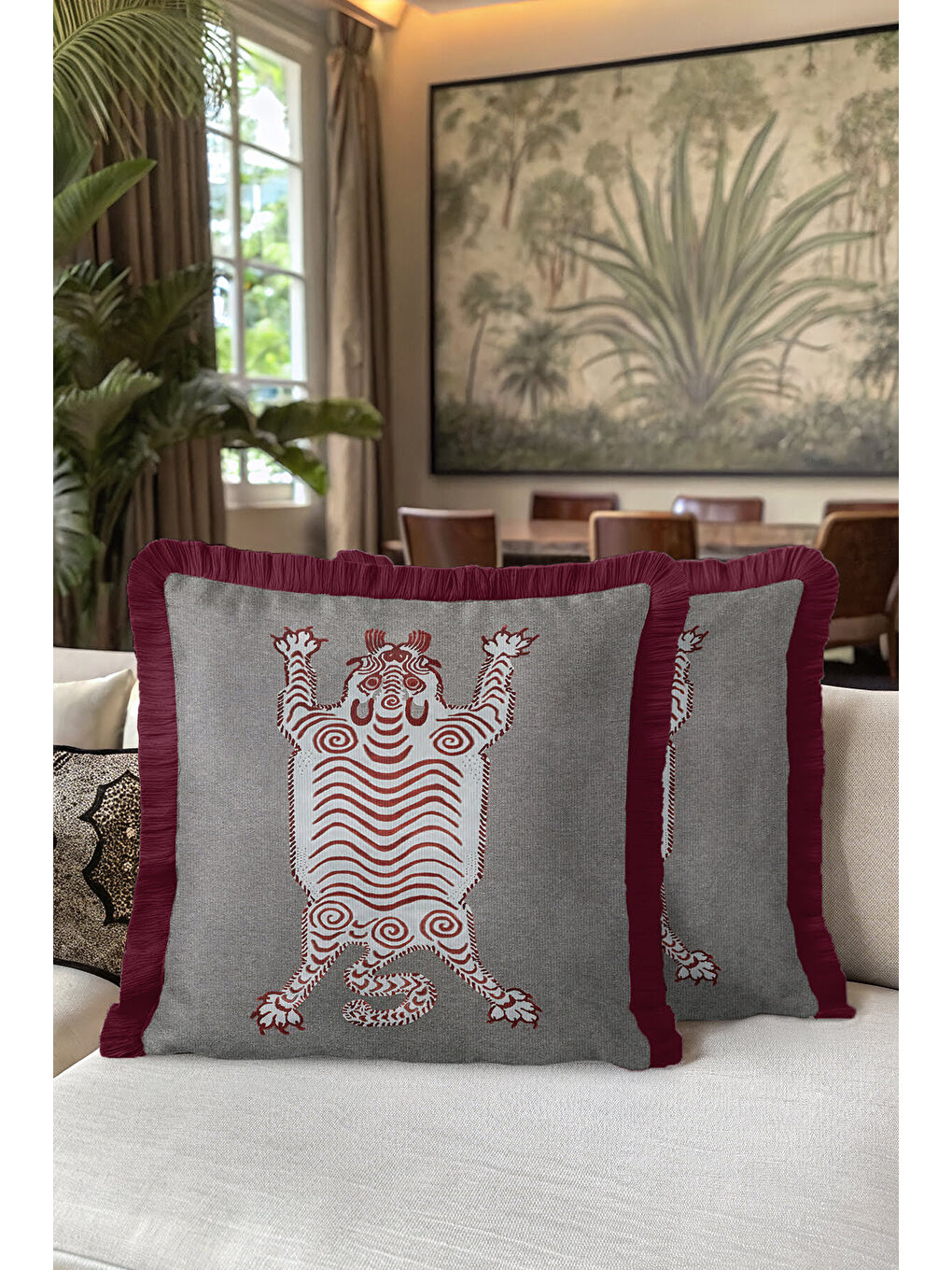 Karışık Etnik Kaplan Figürlü Saçaklı Yastık Kılıfı - Bohem Bordo Gri Püsküllü Kırlent Kılıfı-5