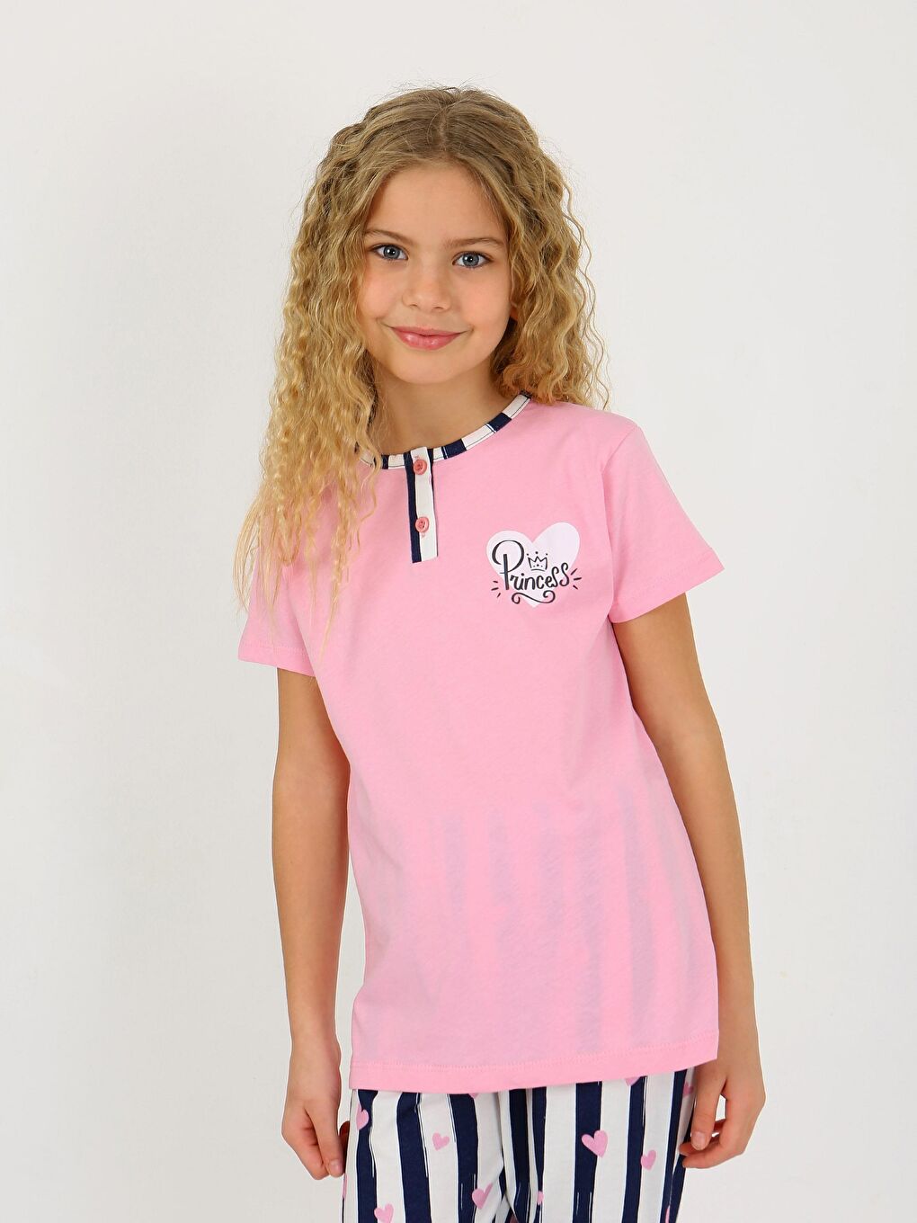Pembe Kız Çocuk Kısa Kollu Düğme Detaylı %100 Pamuklu Pijama Takımı Princess Heart-4