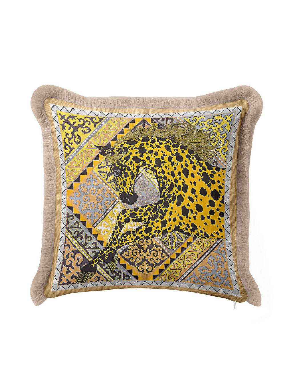 Karışık Lüks At Figürlü Saçaklı Yastık Kılıfı - Asil Bohem Ekru Altın Renkli Püsküllü Kırlent Kılıfı