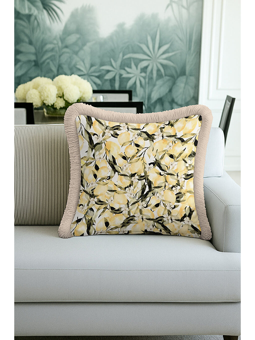 Karışık Limon Bahçesi Saçaklı Yastık Kılıfı - Akdeniz Ferahlığı Country Sarı Bej Püsküllü Kırlent Kılıfı-2