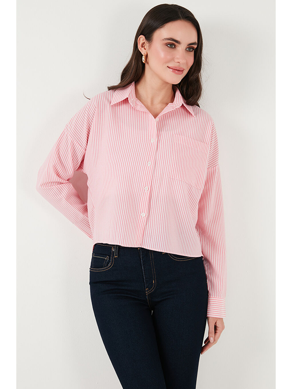 Pembe Regular Fit Çizgili Göğüs Cepli Dokulu Gömlek 6772870-3